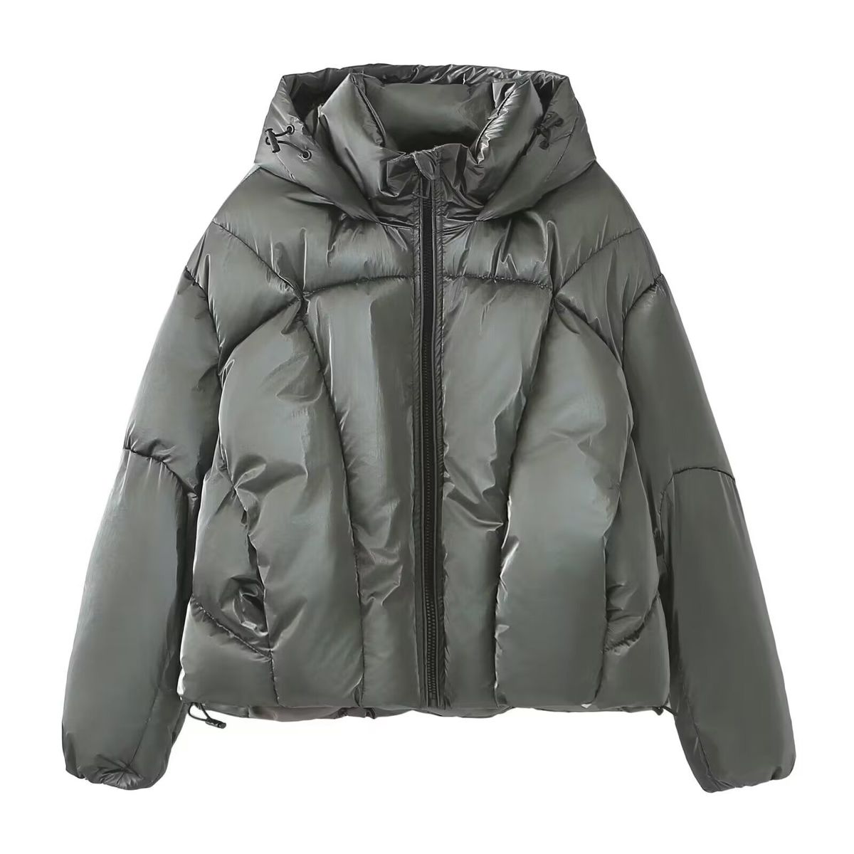 Women's Clothing Puffer Jacket With Metallic Finish - Lightweight Quilted Coat, Duck Down Filling, Streetwear Style, Loose Fit, Zip Closure_ecoleips.com