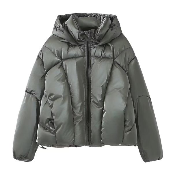 Women's Clothing Puffer Jacket With Metallic Finish - Lightweight Quilted Coat, Duck Down Filling, Streetwear Style, Loose Fit, Zip Closure_ecoleips.com