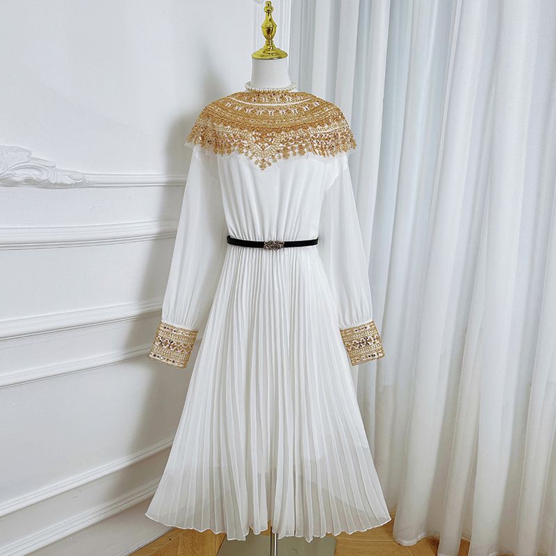 Voya 593 Belt Gold Beaded Sequin Shawl Chiffon Pleated Flared Dress_ecoleips.com