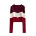 Dopamine-Inspired Colorblock Polo Neck Long Sleeve Knit Sweater For Women, Slim Fit Cropped Top, Autumn Casual Wear_ecoleips.com