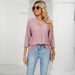 Women's Clothing Autumn New V Neck Jacquard Loose Top Mid Sleeve Lapel T Shirt_ecoleips.com