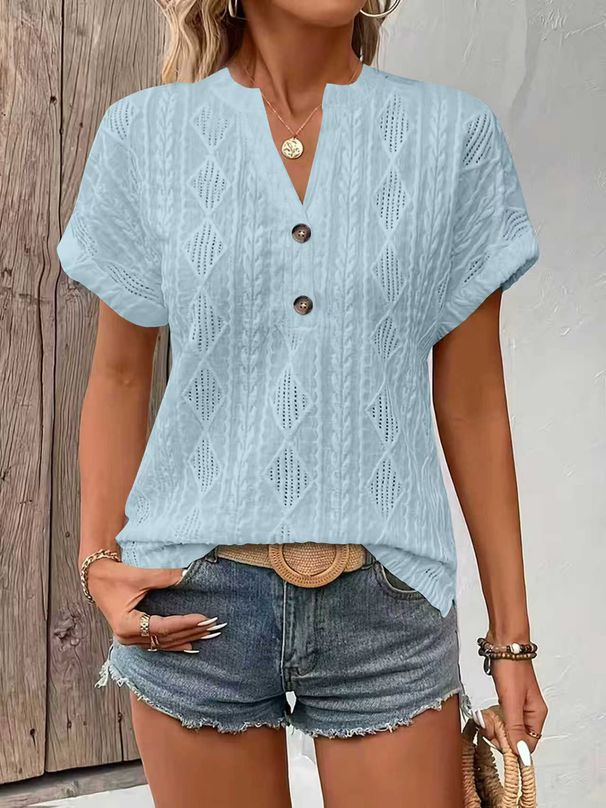 Women's Casual Button V Neck T-Shirt Solid Color Fashion Top For Spring/Summer Style_ecoleips.com