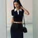 Women's Clothing Summer Sexy Navel Baring Lapel Tops For Women Contrasting Tight Short Sleeved Knitted Sweaters_ecoleips.com