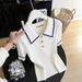Summer New Women's White Polo Collar Short Sleeve T-Shirt Knitted Top Stylish Unique Beautiful Snow_ecoleips.com