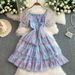 Women's Clothing Style Three Dimensional Flower Square Neck Short Sleeved Dress Female Celebrity Super Fairy Print Waist Slim Cake Mid Length Skirt_ecoleips.com