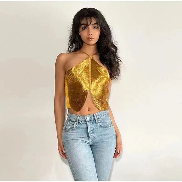 Aria Basics Aria Basics New Cross-Border Foreign Trade European And American Style Sexy Off-Shoulder Camisole Irregular Tassel Halter Top_ecoleips.com