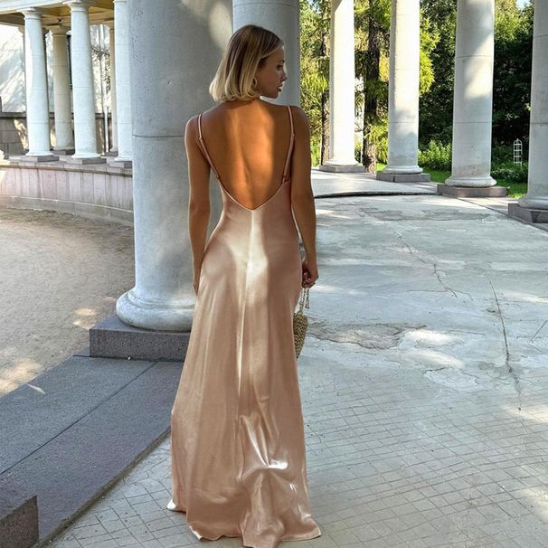 XY24609 Women's Elegant Long Dress Autumn V Neck Backless Satin Suspender Sexy And Stylish_ecoleips.com
