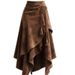 Women's Clothing Brown Suede A-Line Midi Skirt – Asymmetric Wrap Hemline With Tie Waist, Boho Autumn Skirt Stretch-Free Polyester Retro Flare Skirt_ecoleips.com