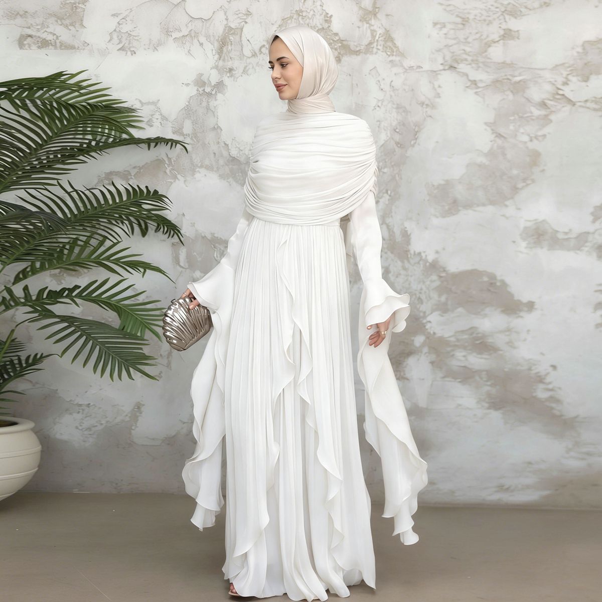 Voya Muslim Women's Double-Layered Fabric Waist-Cinching Dress, Headscarf-Free, Stylish And Elegant Ladylike Outfit With A Grand Aura_ecoleips.com