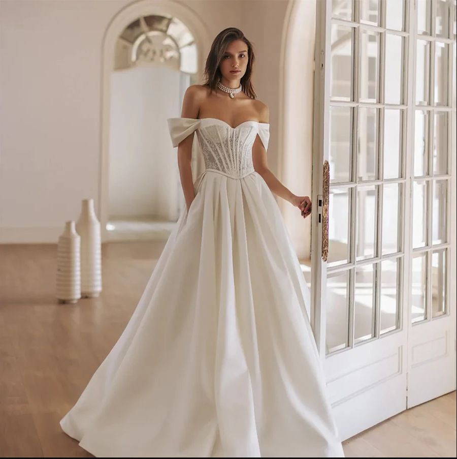 off the Shoulder Satin Wedding Dress Mori Style Simple V Neck Slim Fit See through Travel Photography Train 2026 New Style Women's Clothing_ecoleips.com