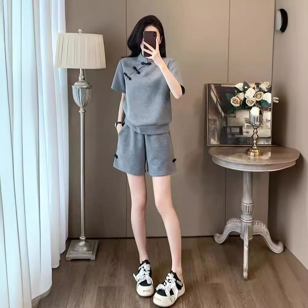 Women's Chinese Style Casual Sports Suit Short Sleeved Two Piece Set Gray Fashionable Summer 2024_ecoleips.com