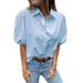 Women's Clothing Summer Puff Sleeve Top Solid Color Button Short Sleeved Shirt Female_ecoleips.com
