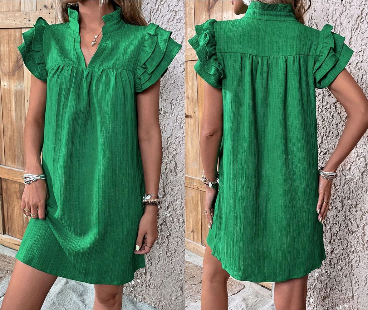 Women's Summer Fashion V Neck Pullover Dress Multi Layered Ruffle Sleeve Versatile Elegant European American Style New_ecoleips.com