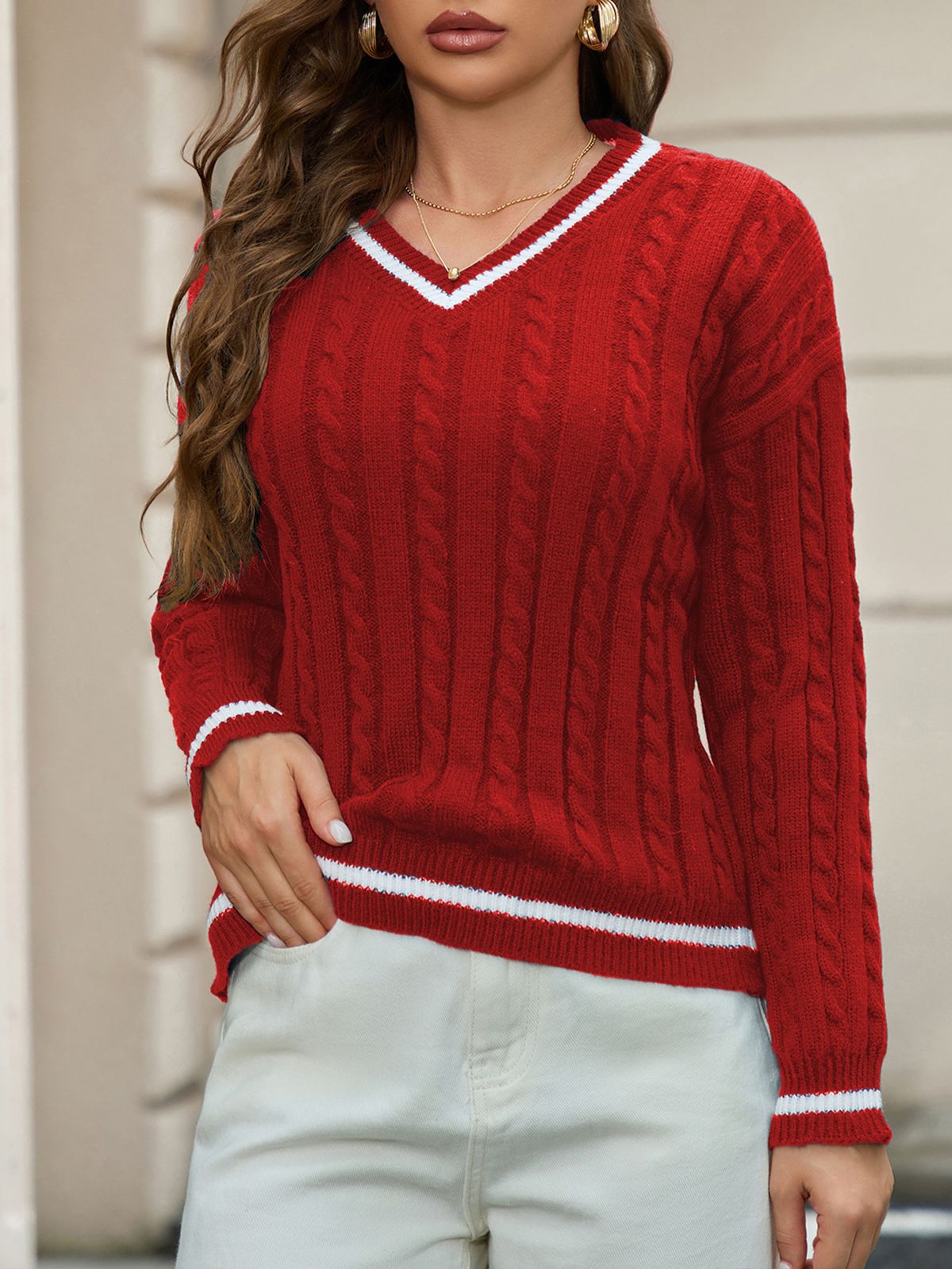 V-Neck Cable Knit Sweater – Oversized Ribbed Pullover (Polyester Blend, Blue/Red/Gray/Black, S/M/L/XL)_ecoleips.com