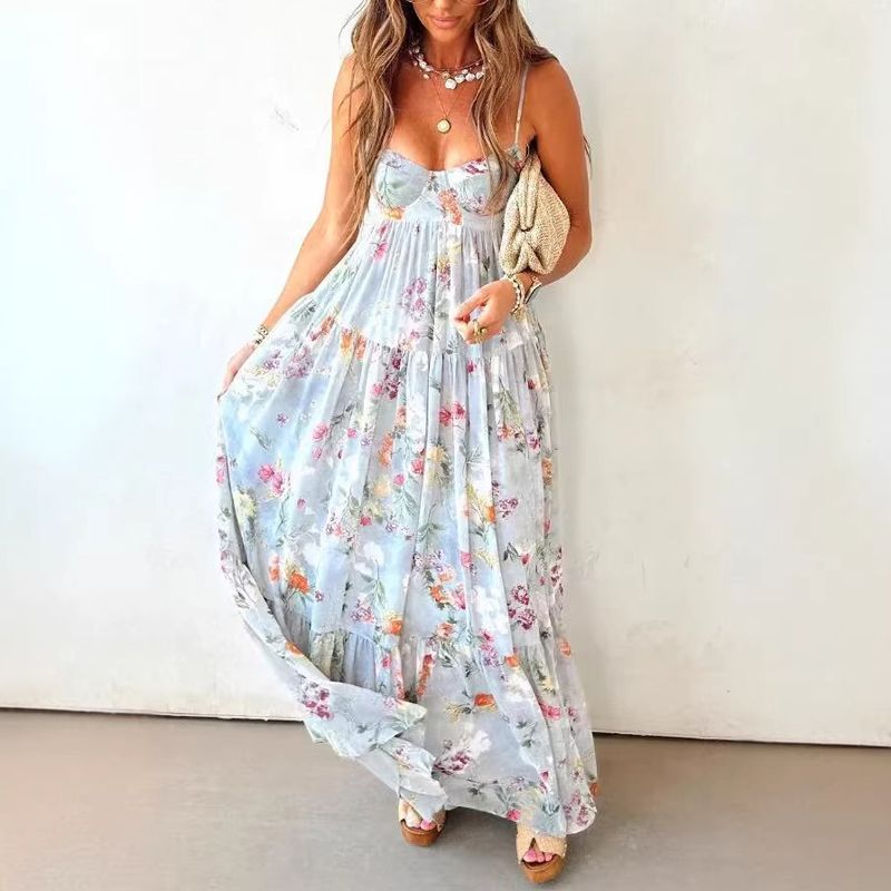 Lady Fashion Off Shoulder Pleated Beach Dress Casual Backless Suspender Bohemian Dresses Summer Vacation Sleeveless Long Dress_ecoleips.com