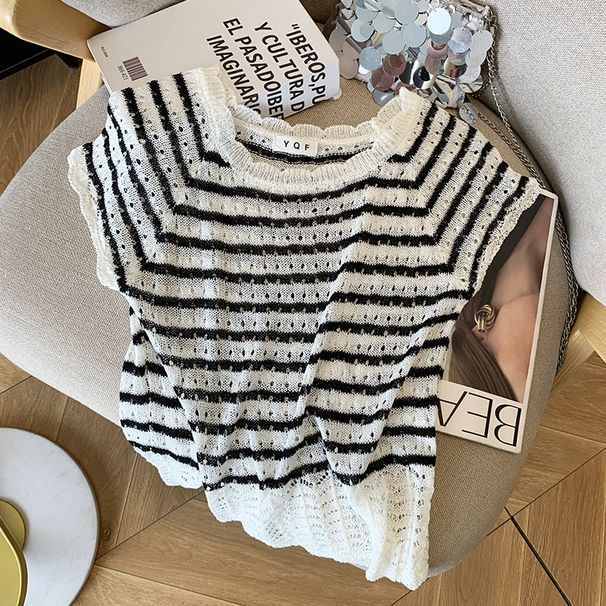 Women's Clothing Women's Summer Striped Top Style Ice Silk Knitwear Short Sleeved Hollowed Out Fashion T-Shirt_ecoleips.com