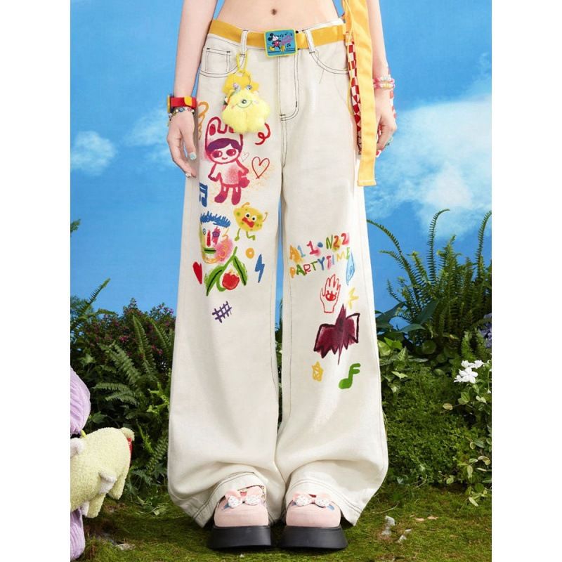 Women's Clothing Summer Design Sense Cartoon Print High Waist Loose Slim Straight Floor Mopping Pants_ecoleips.com
