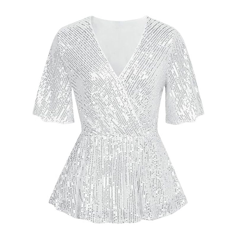 Summer Women's Sequined Top V Neck Short Sleeve Slim Fit Sparkling Dress Casual Party Wear_ecoleips.com