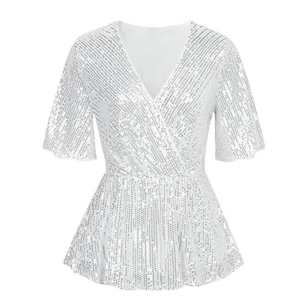 Summer Women's Sequined Top V Neck Short Sleeve Slim Fit Sparkling Dress Casual Party Wear_ecoleips.com