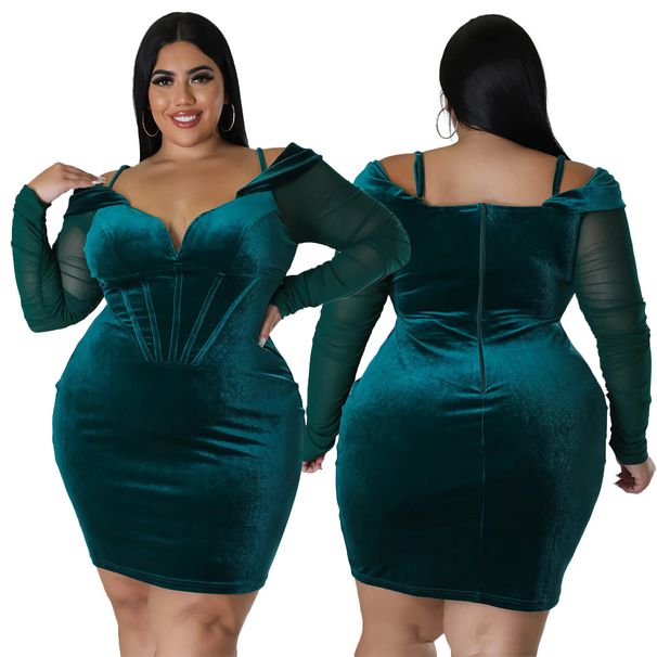 Women's Clothing large size velvet fabric dress Sexy V-neck hip-hugging large size dress see-through long sleeves_ecoleips.com