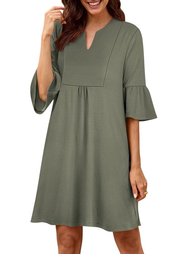 2025 New Solid Color V-Neck Loose Pleated Five Quarter Ruffle Sleeve Dress For Women_ecoleips.com