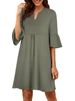 2025 New Solid Color V-Neck Loose Pleated Five Quarter Ruffle Sleeve Dress For Women_ecoleips.com