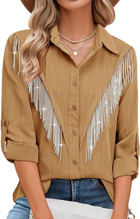 Elegant Fringe Detail Long Sleeve Shirt For Women – Stylish Solid Color Office & Casual Blouse With Classic Collar_ecoleips.com