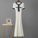 Women's High-End Denim & Knit Maxi Dress - Slim Waist Summer Long Skirt With Short Sleeves & Splicing Detail_ecoleips.com
