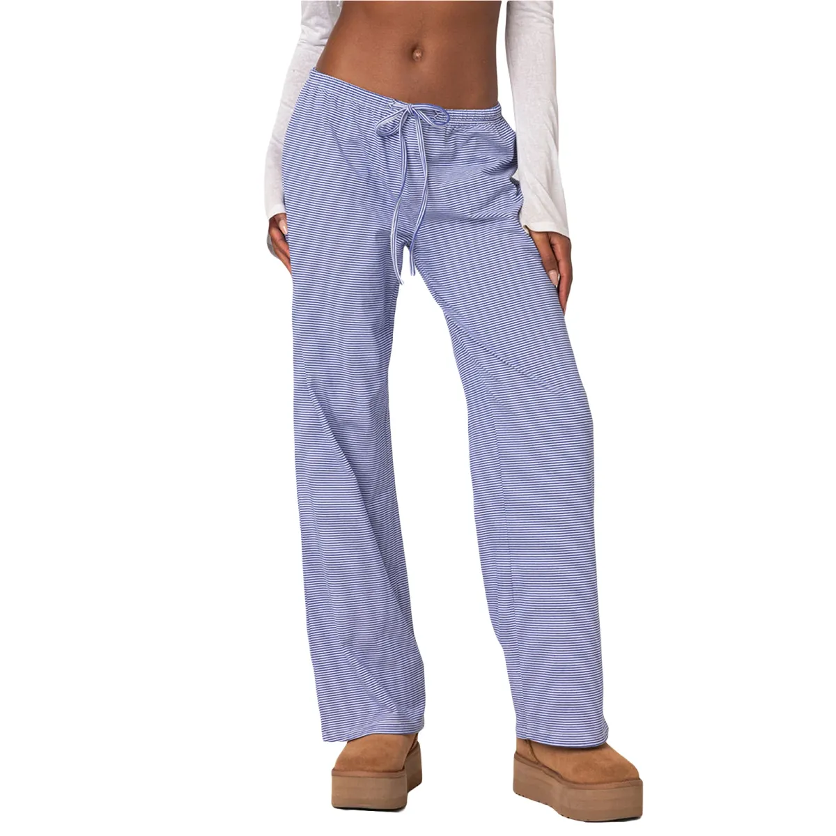 Combhasaki Women's Y2K Vintage Striped Pajama Long Pants Tie-up Drawstring Elastic Waist Loose Loungewear Sleep Bottoms_ecoleips.com