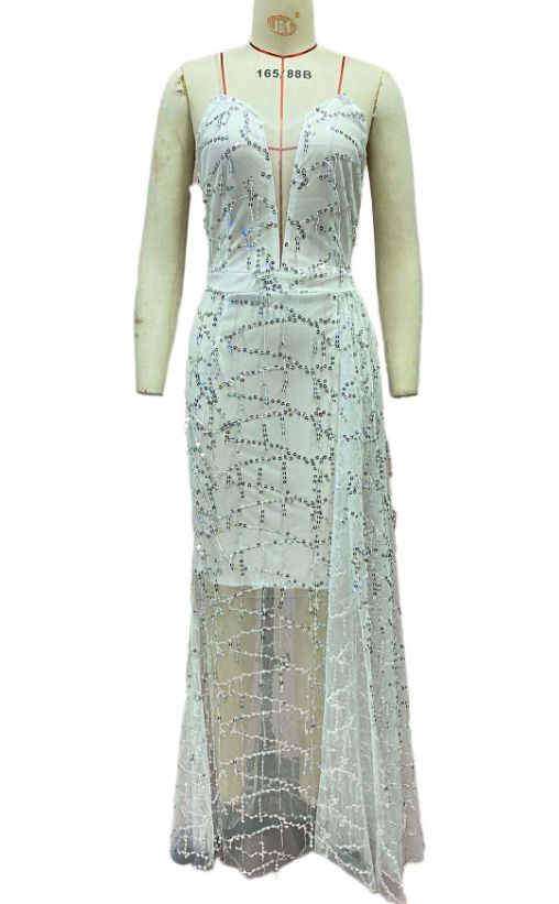 Women’s Clothing Sexy V Neck Hot Silver Suspender Dress Female_ecoleips.com