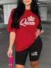 Summer Women's Casual Fashion Queen Letter Graphic Print Loose T-shirt Shorts Two-piece Set Sportswear Suitable For Daily Wear-156_ecoleips.com