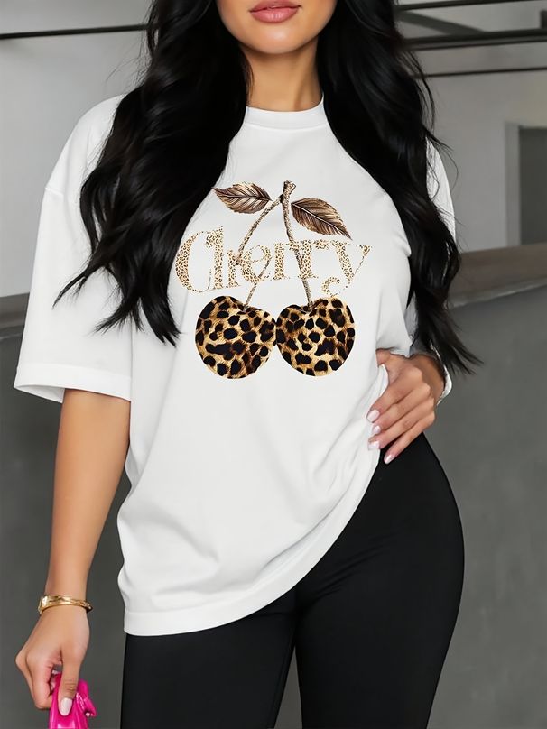 Summer Women's Casual And Fashionable Leopard Print And Cherry Print Loose T-shirt+shorts Two-piece Sportswear Suitable For Daily Wear-34_ecoleips.com