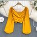 V-Neck Ruffle Detail Blouse With Puff Sleeves – Elegant Cropped Top For Women, Breathable Stretch Fabric, Perfect For Spring Layering_ecoleips.com