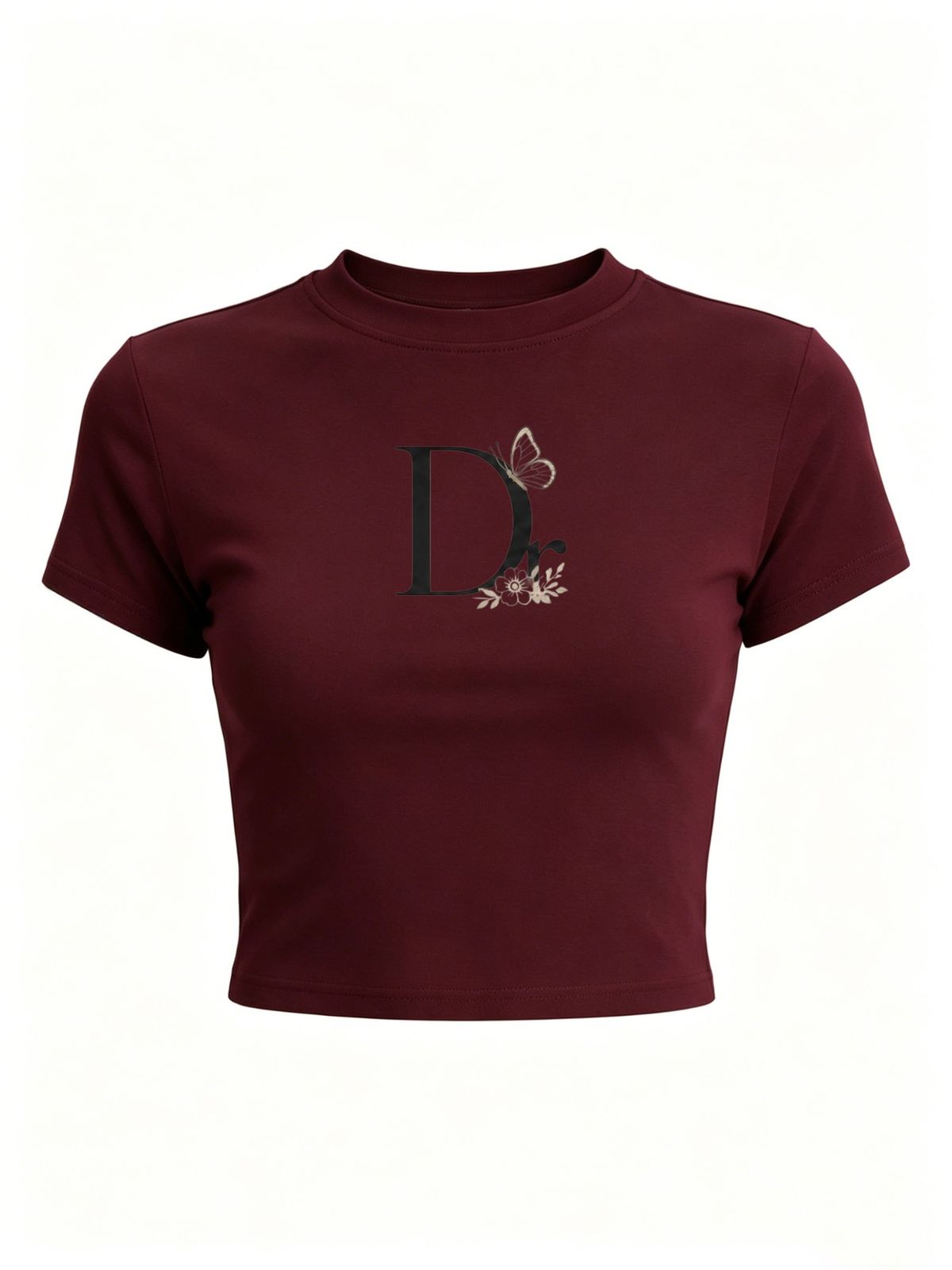 Women's Cropped T-Shirt, Slim Fit Crew Neck Short Sleeve Tee With "Dr." Letter & Butterfly Floral Print, Casual Summer Streetwear Crop Top_ecoleips.com