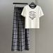 Women's Korean Style Summer Short Sleeve T-Shirt & Plaid Wide Leg Pants 2-Piece Set | Loose Fit Casual Outfit | Trendy Comfort Jogger Set_ecoleips.com