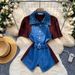 Women's French Retro Denim Patchwork Vintage Shirt Summer Short Sleeve Fitted Waist Tie Slimming Commuter Style Top_ecoleips.com