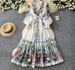 Women's French Retro Print Beaded Bell Sleeve Dress Long Sleeved Color Block V Neck Tie Waist A Line Maxi Dress For Commuting_ecoleips.com