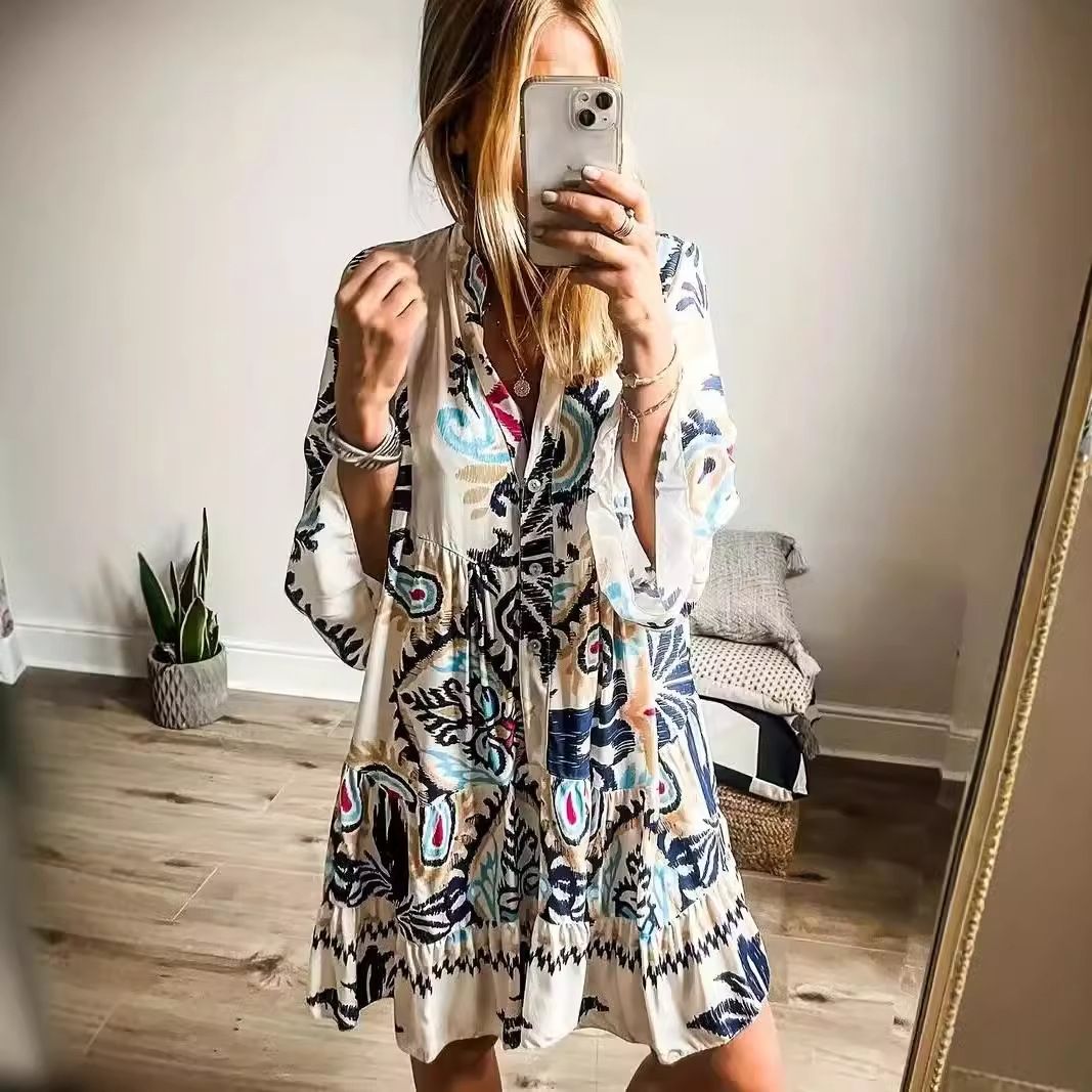 European And American Foreign Trade Ethnic Clothing 2024 Holiday Style Women's Loose Casual Floral Dress_ecoleips.com