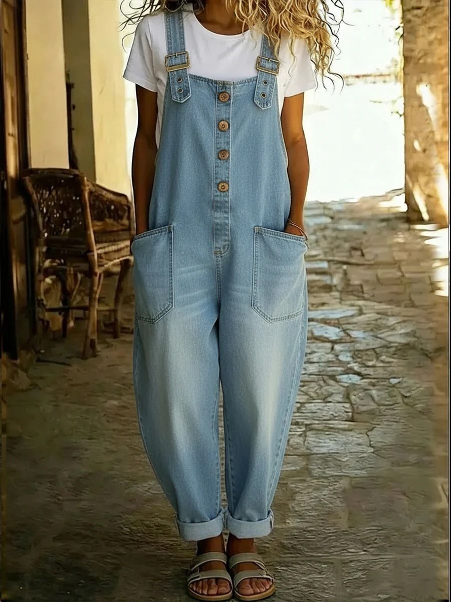 Retro Women's Distressed Loose Fitting Casual Denim Jumpsuit Adjustable Buckle Waist_ecoleips.com