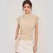 Modern Chic Short Sleeve Mock Neck Blouse For Women - Soft Ribbed Fabric & Flattering Button Detail In Beige_ecoleips.com