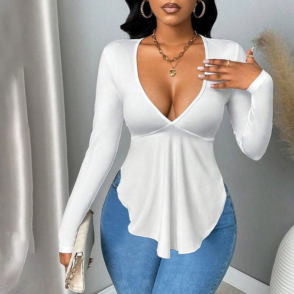 Voya Women's Spring And Summer New Sexy Backless T-shirt Long Sleeved V-neck Waist Cinching Slimming Temperament Top_ecoleips.com