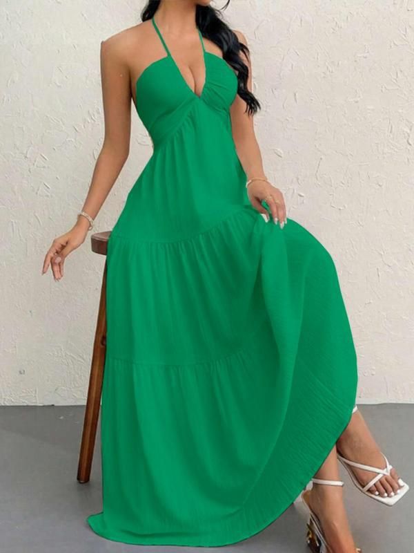 Women's Summer Sleeveless Wrap Dress Halter Neck Maxi Dress with Pockets Breathable Flowy Beach Wedding Party Casual Sundress_ecoleips.com