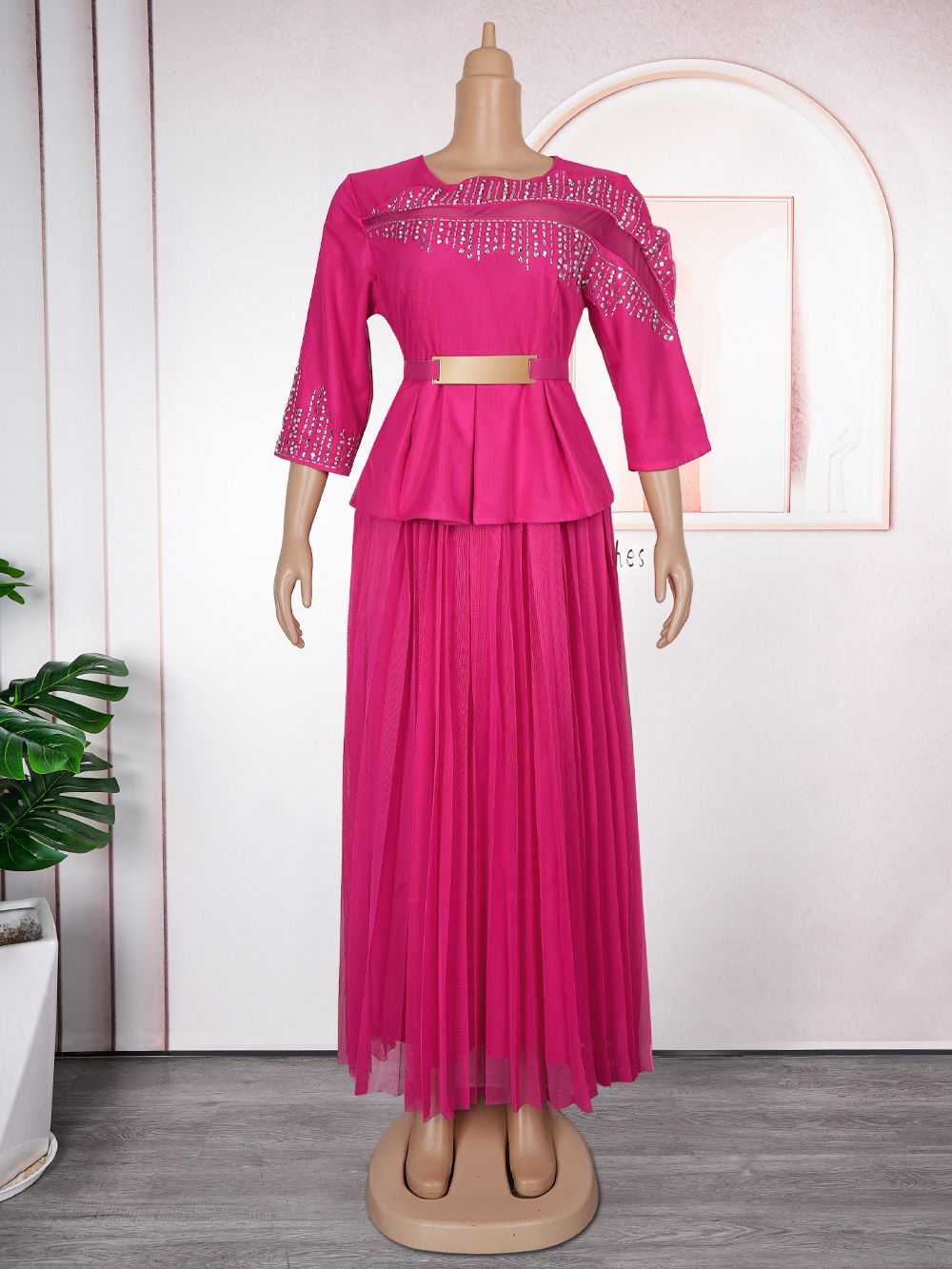 Women's Clothing Hot Diamond Round Neck Dress Temperament Elegant Pleated Skirt_ecoleips.com