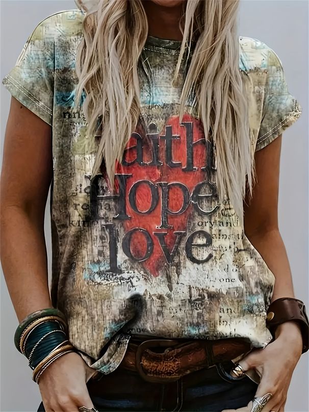 Vintage Print Women's Tee - "Faith Hope Love" & Heart Graphic, Rustic Inspirational Design For Casual Daily Wear_ecoleips.com