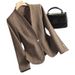 Women’s Coffee-Colored Wool Blazer – Elegant Collarless Sequined Jacket | Autumn/Winter Office Casual Suit | Slim Fit Polyester Blazer_ecoleips.com