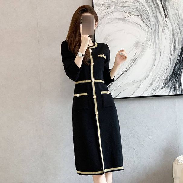 Women's Clothing Inspired Knit Dress French Style Shimmering Color Block Long Sleeved Bodycon Autumn Winter Fashion_ecoleips.com