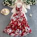 Women's French Style Floral Print V Neck Dress Sweet Forest Theme Slimming Waist Ruffled Long Skirt For Resort Wear Spring Autumn_ecoleips.com
