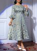 Plus Size Women's Floral Jacquard Round Neck Wide Sleeve Elegant Midi Dress_ecoleips.com