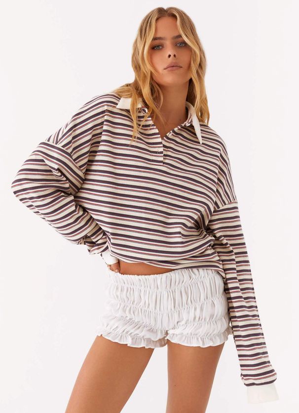 Women's Oversized Stripe Polo Collar Sweatshirt | Casual Long Sleeve Button Front Top For Streetwear, Lounge_ecoleips.com