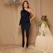 Women’s Clothing one shoulder long sleeved slit waist hugging hip sequin dress_ecoleips.com